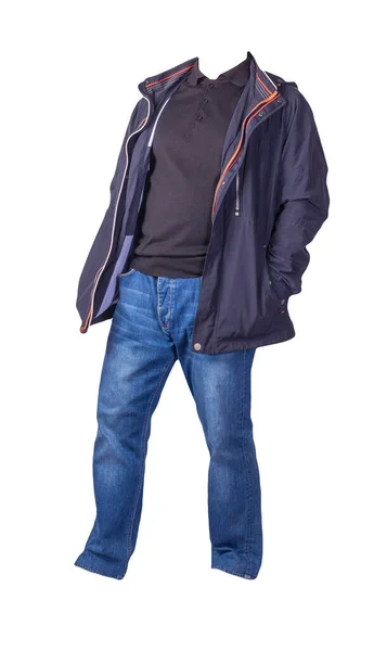 Dunkelblaue Jacke Mit Reißverschluss Schwarzer Pullover Und Blaue Jeans Auf — Stockfoto