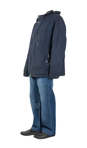 Dunkelblaue Jeans Schwarze Lederschuhe Dunkelblaue Jacke Mit Kapuze Auf Weißem — Stockfoto