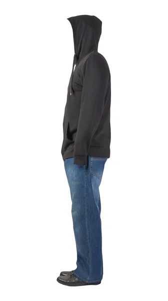 Blauwe Jeans Zwarte Sweater Met Capuchon Zwarte Leren Schoenen Geïsoleerd — Stockfoto