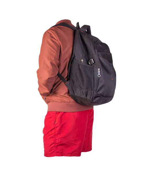 Schwarzer Rucksack Rote Shorts Rote Sommergestrickte Bomberjacke Auf Weißem Hintergrund — Stockfoto