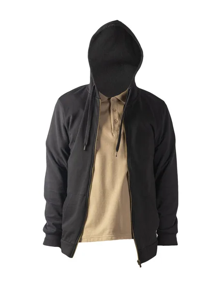 Svart Tröja Med Järn Dragkedja Hoodie Och Beige Shirt Isolerad — Stockfoto