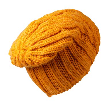 Kadın sarı şapkası. Örgü şapka beyaz arkaplanda izole.