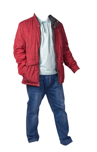 Rote Jacke Türkisfarbenes Hemd Und Blaue Jeans Auf Weißem Hintergrund — Stockfoto