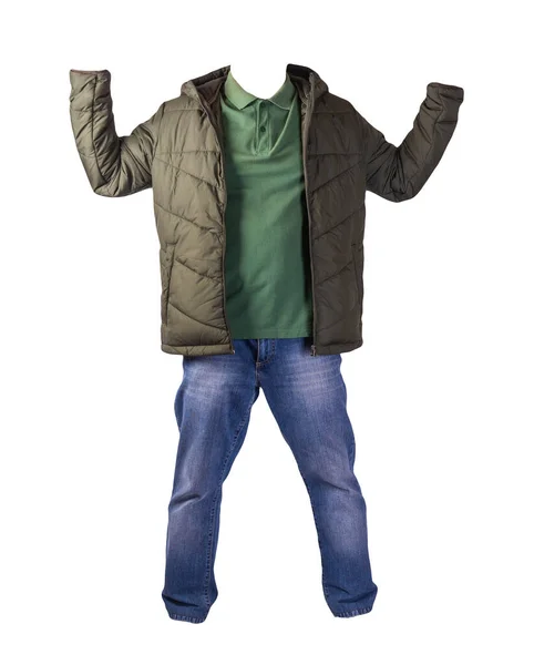 Mörkgrön Jacka Med Dragkedja Grön Skjorta Och Blå Jeans Isolerad — Stockfoto