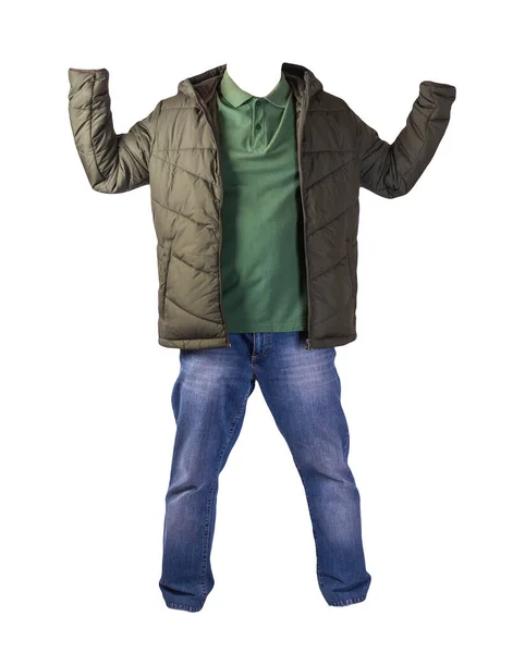 Chaqueta Verde Oscuro Con Cremallera Camisa Verde Vaqueros Azules Aislados — Foto de Stock