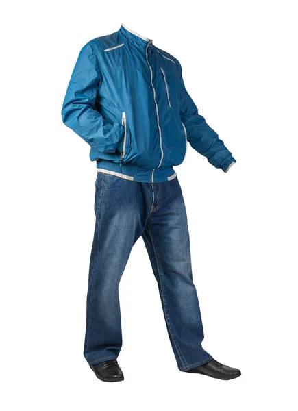 Dunkelblaue Jeans Schwarze Lederschuhe Blaue Windjacke Auf Weißem Hintergrund Lässiger — Stockfoto