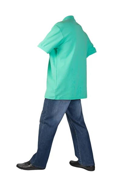 Calças Ganga Azuis Escuras Sapatos Couro Preto Camiseta Verde Com — Fotografia de Stock