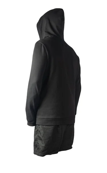 Czarna Bluza Żelaznym Zamkiem Kapturem Czarnymi Spodenkami Sportowymi Odizolowanymi Białym — Zdjęcie stockowe