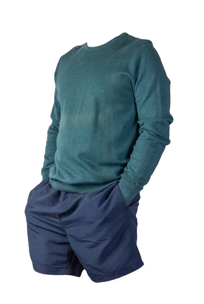 Suéter Verde Punto Pantalones Cortos Color Azul Oscuro Aislados Sobre — Foto de Stock