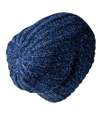 Örgü mavi şapka, beyaz bir arka planda izole edilmiş. Sıradan bir tarz için moda şapka aksesuarı.