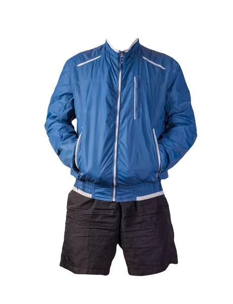 男式蓝色白色夹克和黑色运动短裤 背景为白色 时髦休闲装 — 图库照片