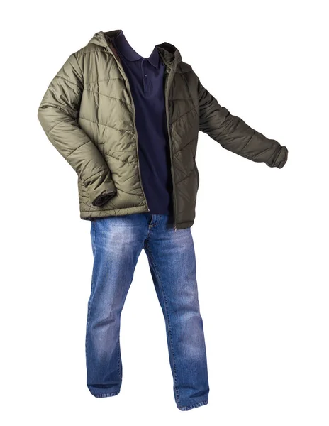 Groen Jasje Met Rits Blauw Shirt Donkerblauwe Jeans Geïsoleerd Witte — Stockfoto