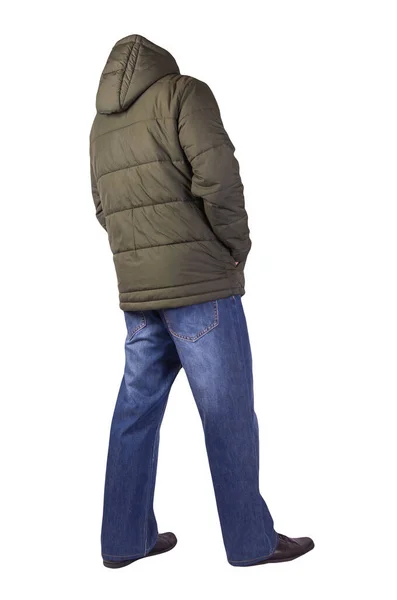 Mörkblå Jeans Svarta Läderskor Mörkgrön Jacka Med Huva Isolerad Vit — Stockfoto