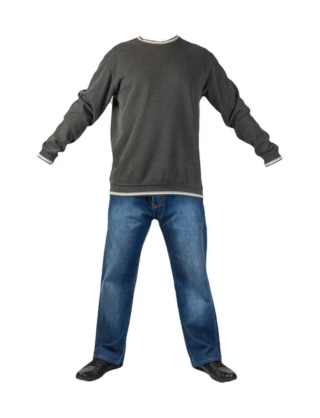 Blauwe Jeans Grijze Witte Sweater Zwarte Leren Schoenen Geïsoleerd Witte — Stockfoto