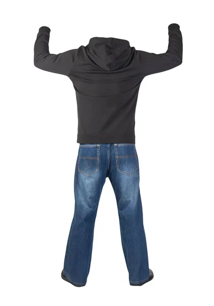 Blue Jeans Black Sweatshirt Hood Black Leather Shoes Isolated White — Stock Photo, Image