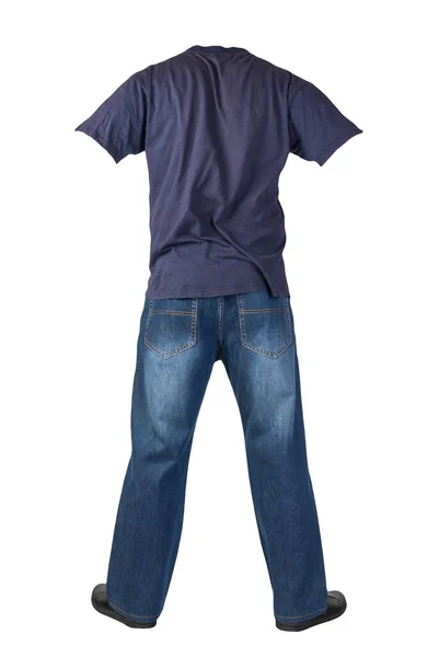 Dunkelblaue Jeans Schwarze Lederschuhe Dunkelblaues Shirt Auf Weißem Hintergrund Lässiger — Stockfoto