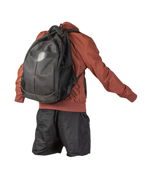 Siyah Sırt Çantası Siyah Şort Kırmızı Yaz Örgü Bombacı Ceketi — Stok fotoğraf