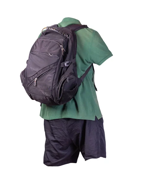 Schwarzer Rucksack Schwarze Sporthose Dunkelgrünes Hemd Mit Kragen Und Knöpfen — Stockfoto