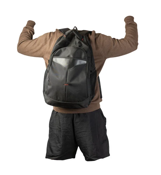 Schwarzer Rucksack Schwarze Shorts Brauner Pullover Auf Weißem Hintergrund Freizeitkleidung — Stockfoto