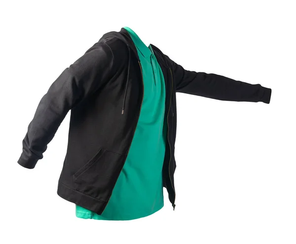 Camisola Preta Com Capuz Zíper Ferro Camiseta Verde Isolada Estilo — Fotografia de Stock