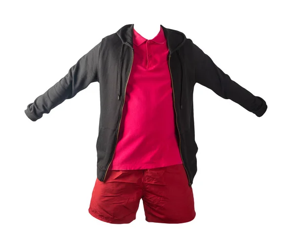 Czarna Bluza Żelaznym Zamkiem Błyskawicznym Czerwona Koszula Czerwone Spodenki Sportowe — Zdjęcie stockowe