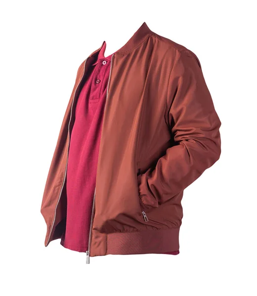 Bomber Uomo Rosso Scuro Camicia Rossa Isolata Sfondo Bianco Abbigliamento — Foto Stock