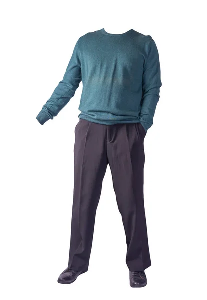 Men Turquoise Sweater Black Pants Black Leather Shoes Isolated White — Stock Photo, Image