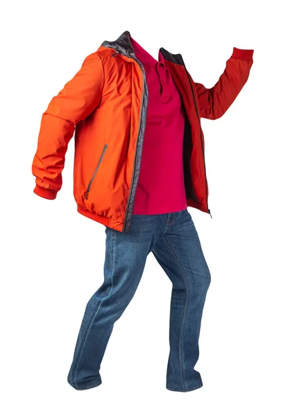 Orange Jacka Röd Skjorta Och Blå Jeans Isolerad Vit Bakgrund — Stockfoto