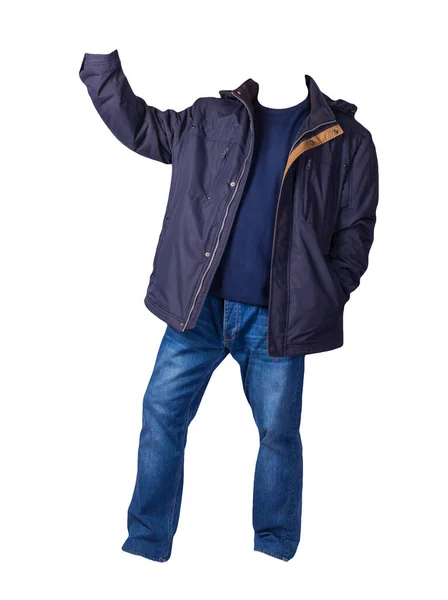 Dunkelblaue Jacke Mit Reißverschluss Dunkelblauer Pullover Und Blaue Jeans Auf — Stockfoto