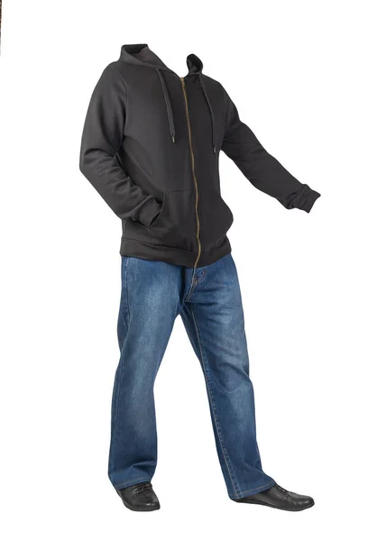 Blaue Jeans Schwarzes Sweatshirt Mit Kapuze Und Schwarze Lederschuhe Auf — Stockfoto