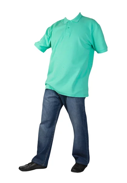 Tmavě Modré Džíny Černé Kožené Boty Zelené Tričko Límečkem Knoflících — Stock fotografie