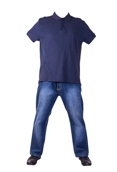 Tmavě Modré Džíny Černé Kožené Boty Tmavě Modré Tričko Límečkem — Stock fotografie