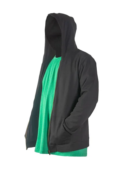 Černá Mikina Železným Zipem Kapucí Retro Vřesovištěm Zelené Tričko Izolované — Stock fotografie