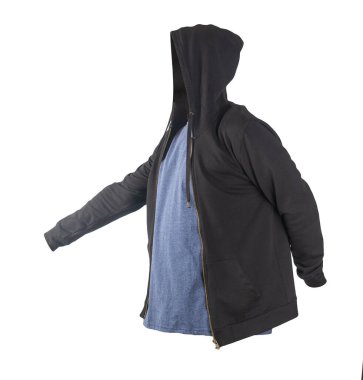 Kapüşonlu demir fermuarlı siyah sweatshirt ve beyaz arka planda izole edilmiş eski moda Heather denizci tişörtü. Sportif tarzda.