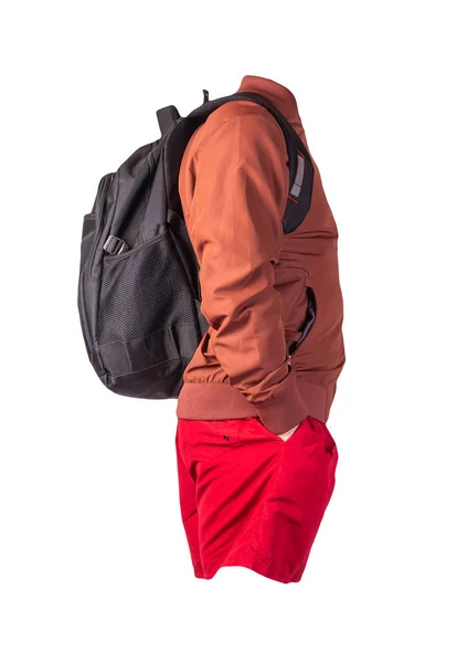 black backpack,red shorts,red summer knitted bomber jacket isolated on white background. casual wear