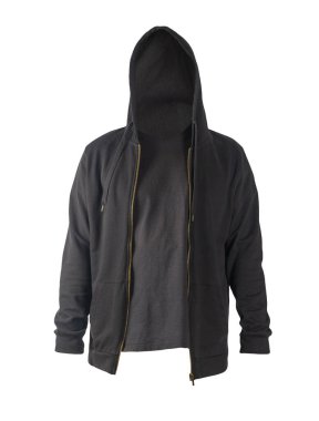 Siyah kazaklı, kapüşonlu demir fermuarlı ve siyah tişörtlü beyaz arka planda. Sportif tarzda.