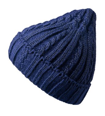 Kadınların koyu mavi şapkası. Örgü şapka beyaz arkaplanda izole.