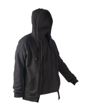 Siyah kazaklı, kapüşonlu demir fermuarlı ve siyah tişörtlü beyaz arka planda. Sportif tarzda.