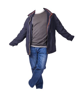 Fermuarlı koyu mavi ceket, gri kazak ve beyaz arka planda izole edilmiş mavi kot pantolon. Sıradan moda kıyafetleri.