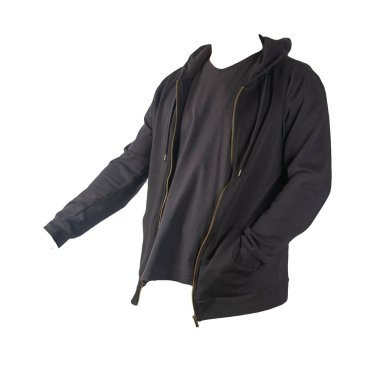 Siyah kazaklı, kapüşonlu demir fermuarlı ve siyah tişörtlü beyaz arka planda. Sportif tarzda.