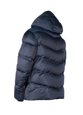 Beyaz arka planda izole edilmiş kapüşonlu koyu mavi ceketli erkekler. Her gün için şık kıyafetler.