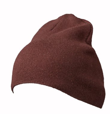 Kadınların koyu kahverengi şapkası. Örgü şapka beyaz arkaplanda izole.