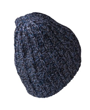 Örülmüş koyu mavi şapka, beyaz bir arka planda izole edilmiş. Sıradan bir tarz için moda şapka aksesuarı.