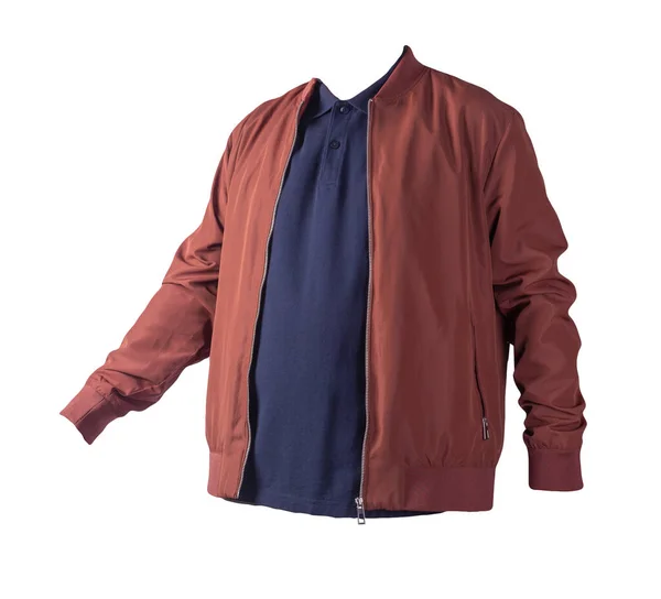 dark red men\'s bomber jacket and dark blue  shirt isolated on white background. fashionable casual wear