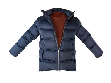 Koyu mavi ceketli ve bordo süveterli beyaz arka planda izole.