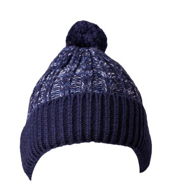   Örülmüş koyu mavi beyaz şapka beyaz arka planda izole edilmiş. .