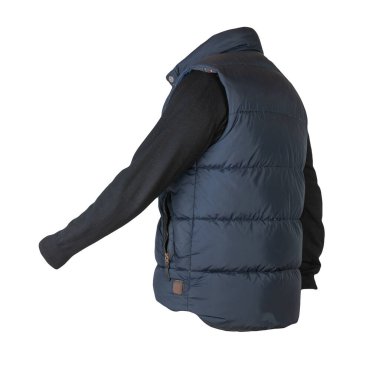 Koyu mavi kolsuz ceket ve siyah süveter beyaz arka planda izole edilmiş. gündelik kıyafet