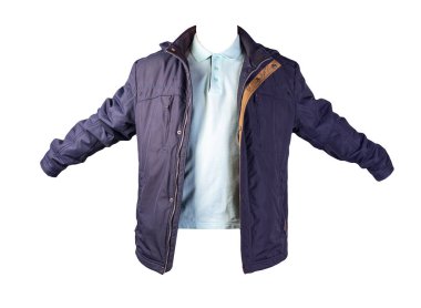 Erkekler açık turkuaz tişört ve koyu mavi ceket. Beyaz arka planda izole edilmiş. Günlük kıyafetler.