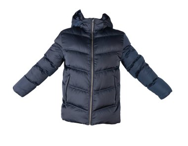 Beyaz arka planda izole edilmiş kapüşonlu koyu mavi ceketli erkekler. Her gün için şık kıyafetler.