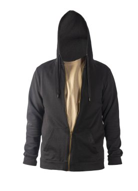 Siyah kazaklı, kapüşonlu demir fermuarlı ve beyaz arka planda bej tişörtlü. Sportif tarzda.